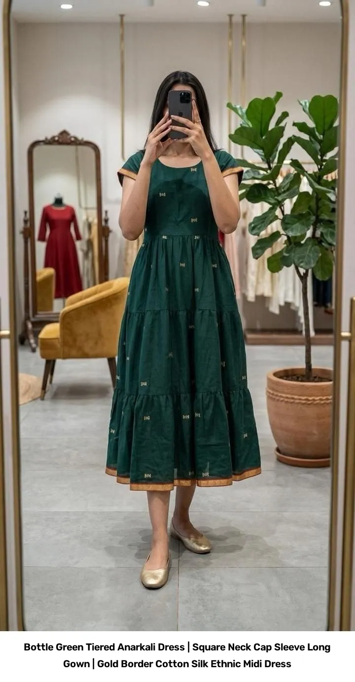 Bottle Green Tiered Anarkali Dress | Square Neck Cap Sleeve Long Gown | Gold Border Cotton Silk Ethnic Midi Dress 2