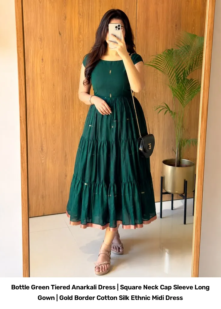 Bottle Green Tiered Anarkali Dress | Square Neck Cap Sleeve Long Gown | Gold Border Cotton Silk Ethnic Midi Dress 3