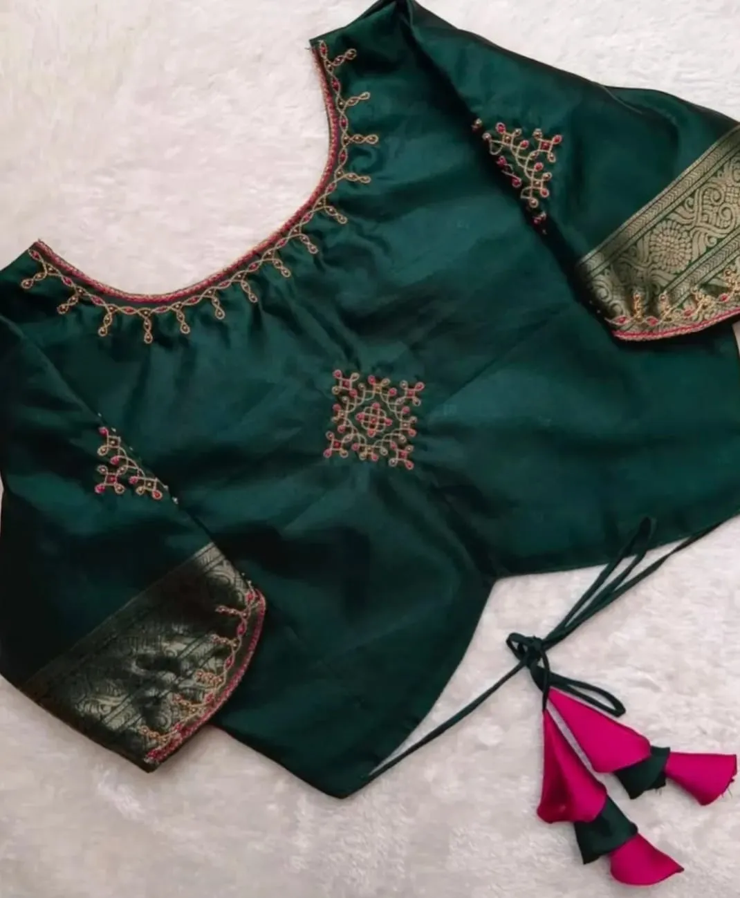 Bottle Green Zari Border Readymade Saree Blouse | Pink Contrast Embroidered Silk Blouse 1