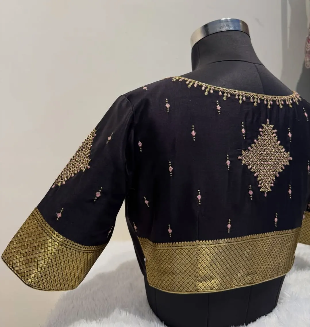 Bridal Black Silk Readymade Blouse | Handcrafted Pink-Gold Thread Embroidery & Wide Zari Border