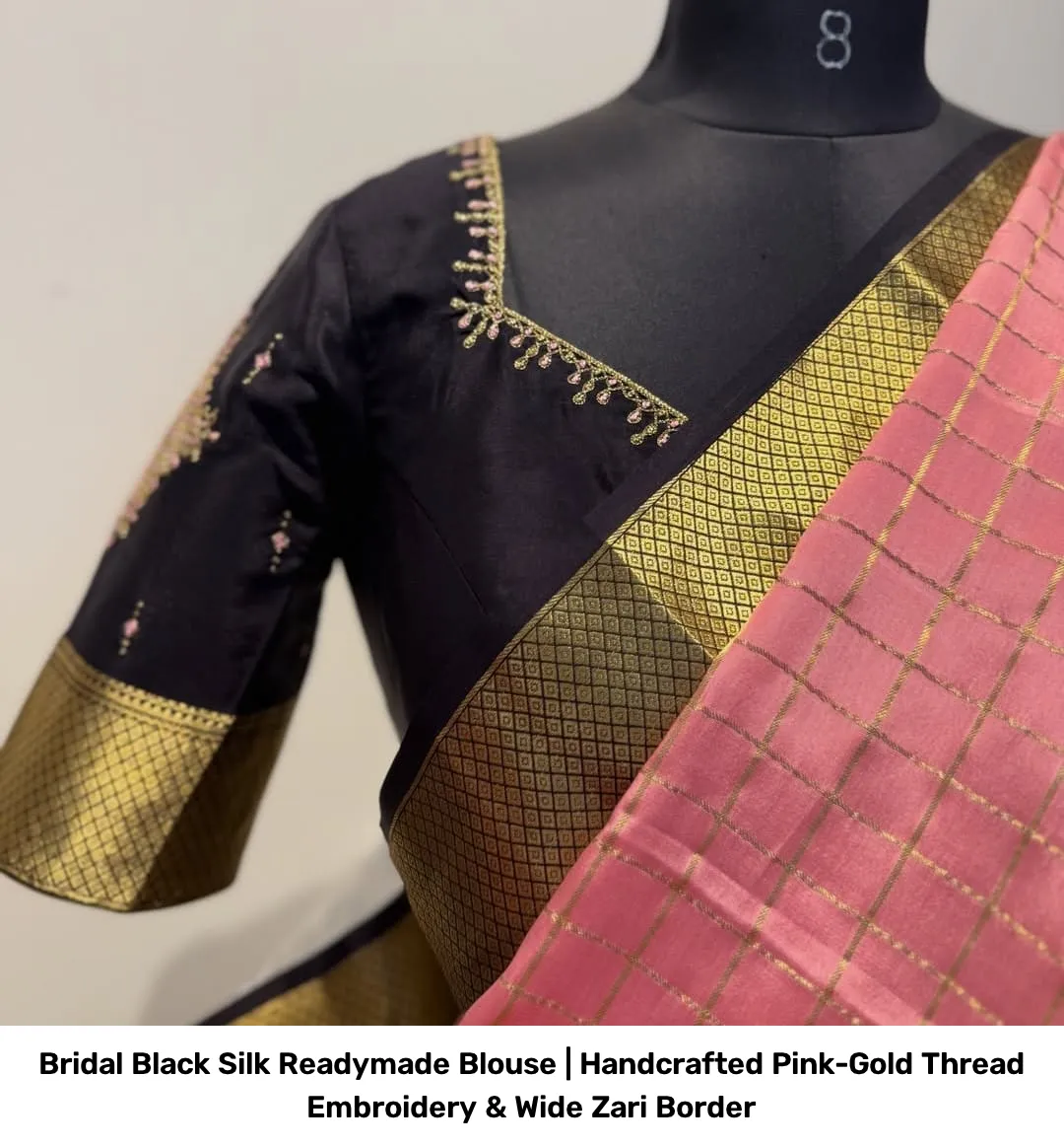 Bridal Black Silk Readymade Blouse | Handcrafted Pink-Gold Thread Embroidery & Wide Zari Border 2