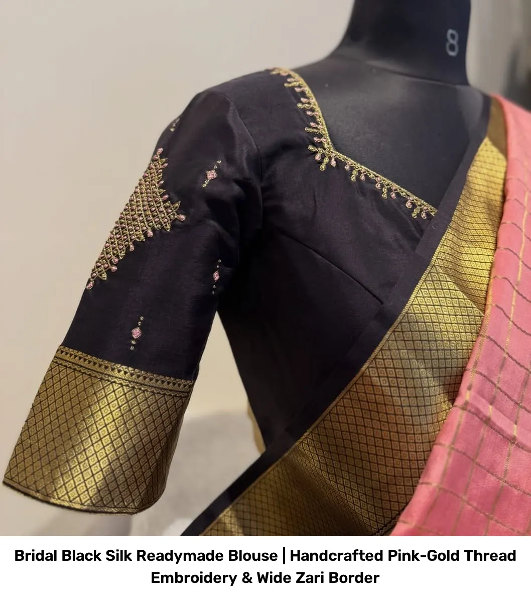 Bridal Black Silk Readymade Blouse | Handcrafted Pink-Gold Thread Embroidery & Wide Zari Border 3