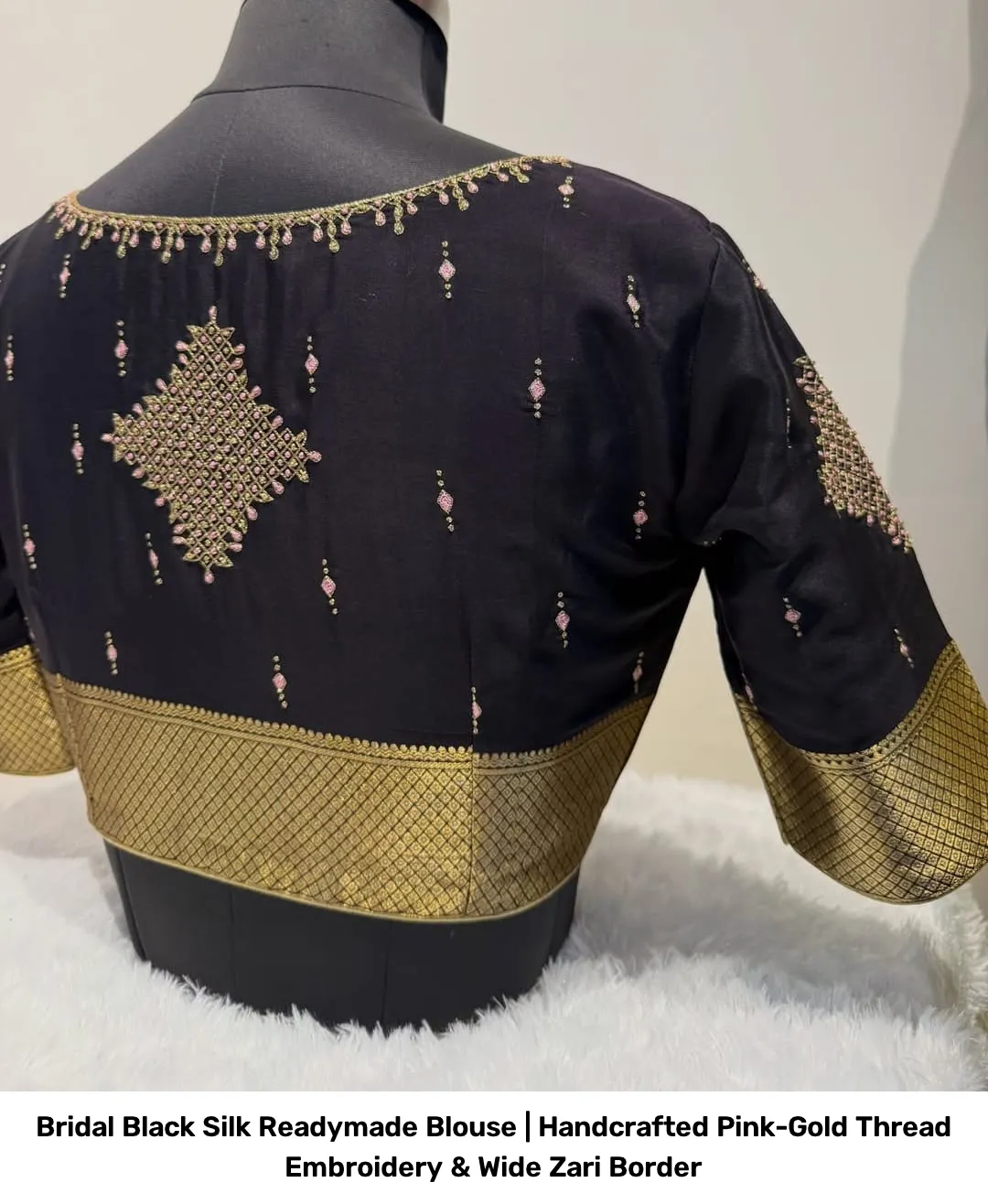 Bridal Black Silk Readymade Blouse | Handcrafted Pink-Gold Thread Embroidery & Wide Zari Border 4