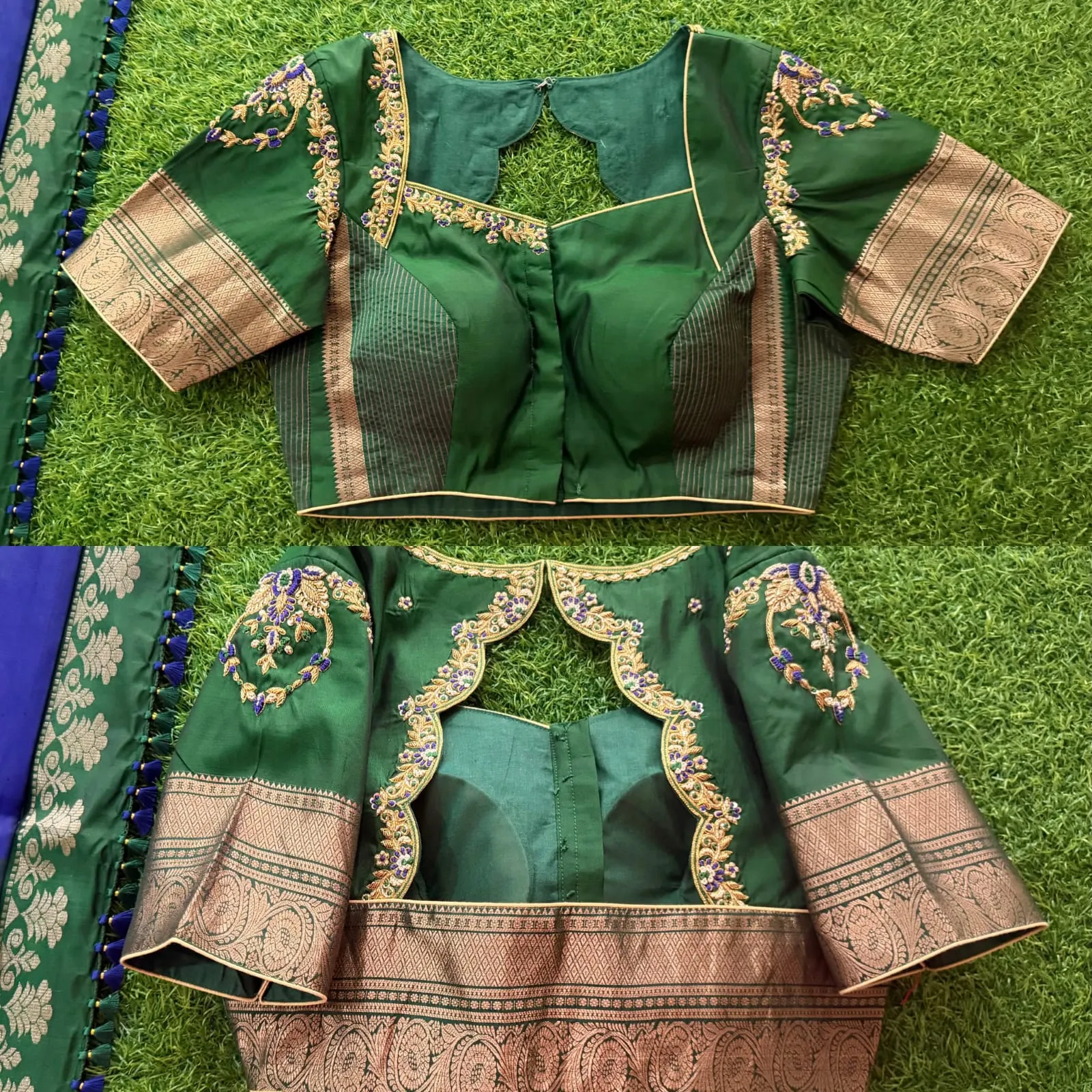 Bridal Bottle Green Pattu Silk Blouse – Traditional Gold Brocade Hem with Purple Bead Hand Embroidery