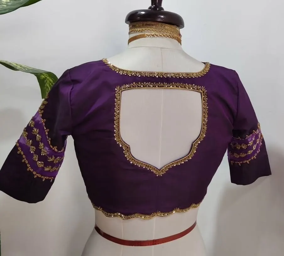Bridal Deep Purple Silk Readymade Blouse | Scalloped Hem & Sheer Panel Sleeve Aari Work for Pattu Sarees