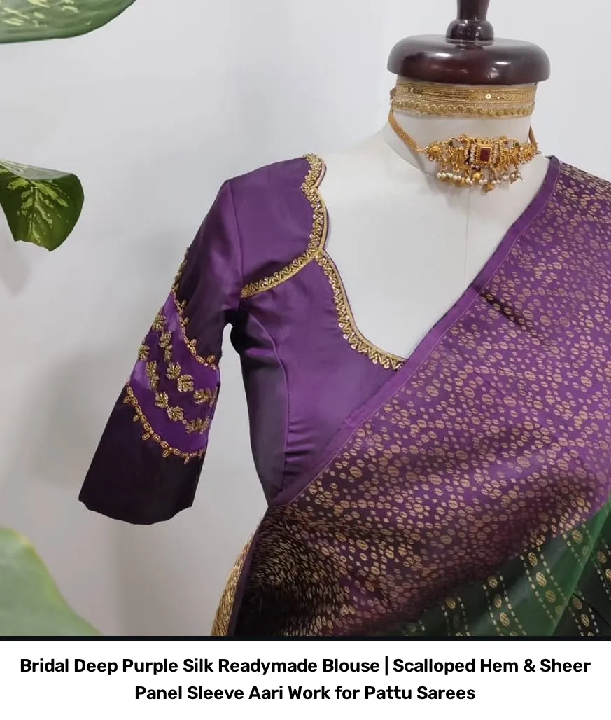 Bridal Deep Purple Silk Readymade Blouse | Scalloped Hem & Sheer Panel Sleeve Aari Work for Pattu Sarees 2