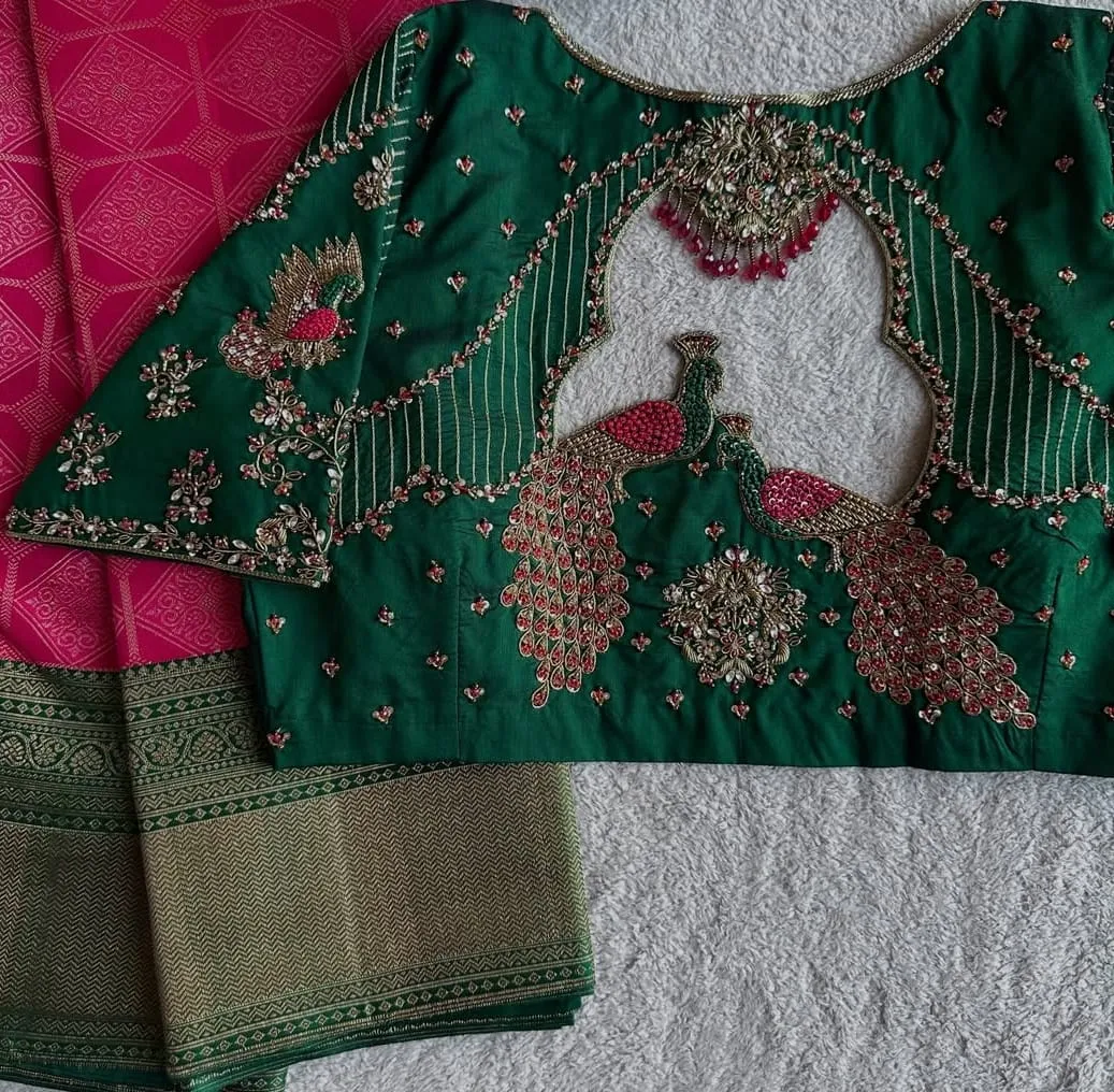 Bridal Emerald Green Silk Blouse | Heavy Peacock Maggam Work & Pink Bead Hanging Drops 1