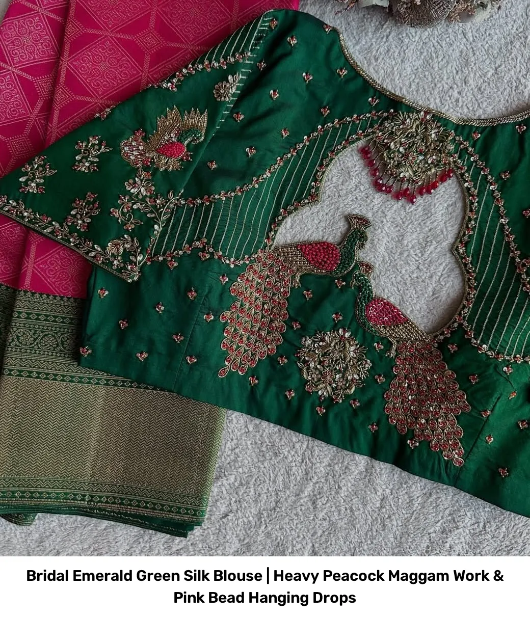 Bridal Emerald Green Silk Blouse | Heavy Peacock Maggam Work & Pink Bead Hanging Drops 2