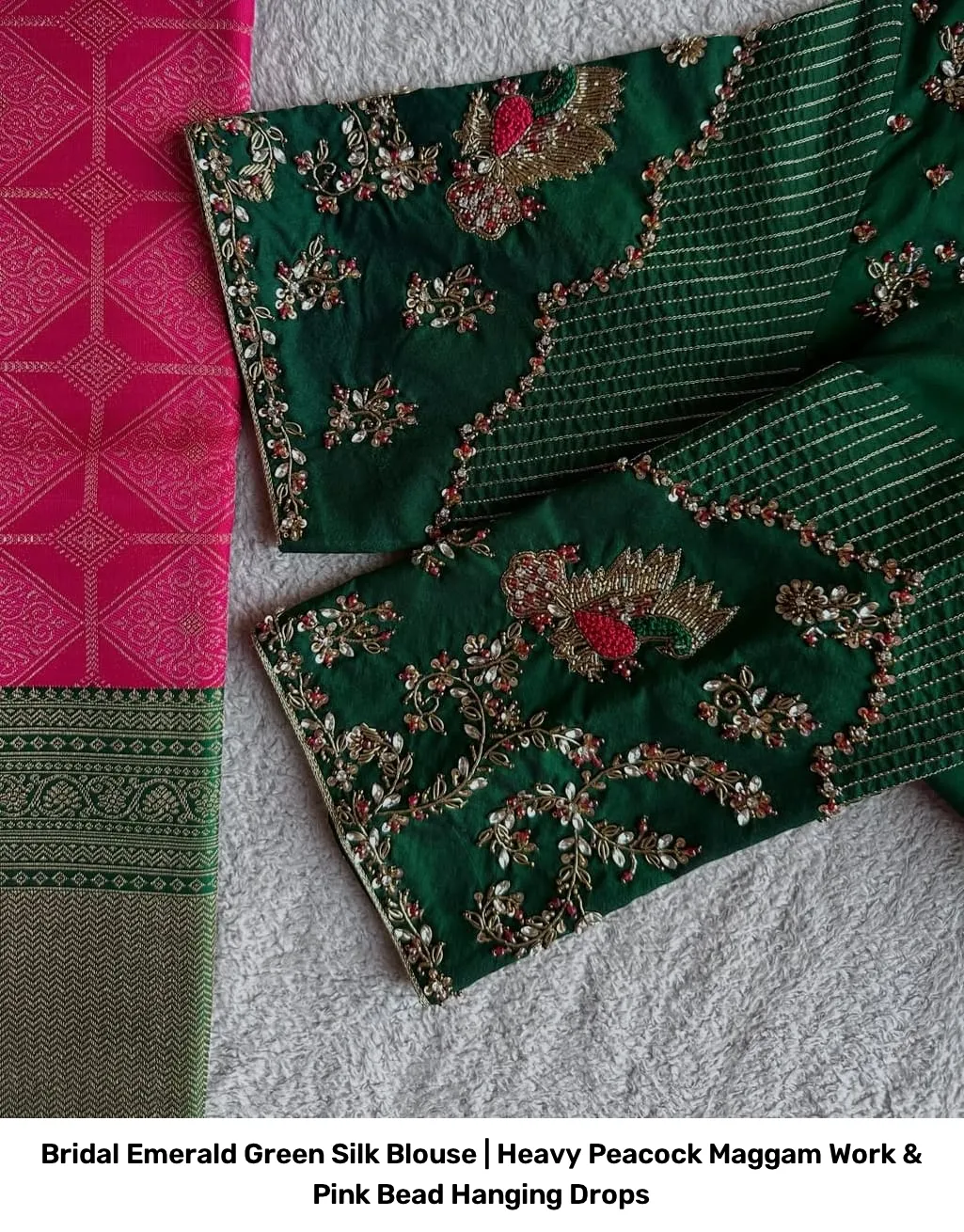 Bridal Emerald Green Silk Blouse | Heavy Peacock Maggam Work & Pink Bead Hanging Drops 3