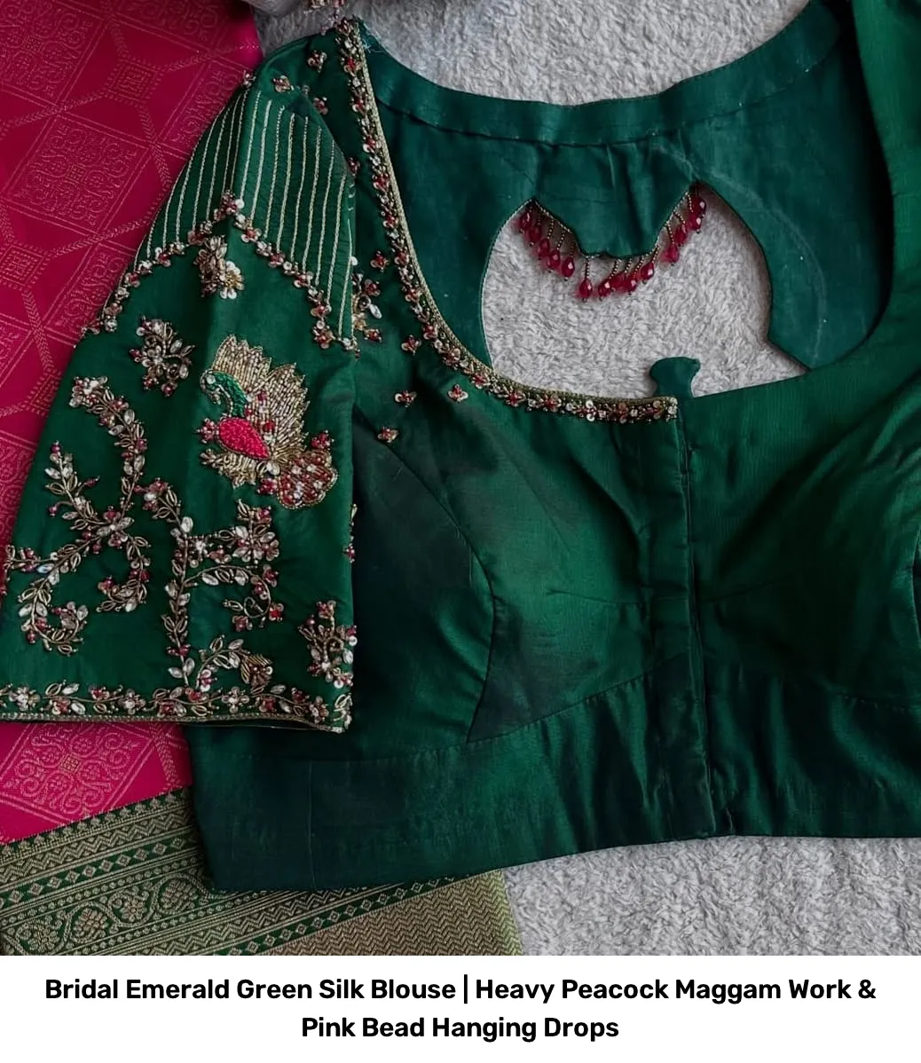 Bridal Emerald Green Silk Blouse | Heavy Peacock Maggam Work & Pink Bead Hanging Drops 4