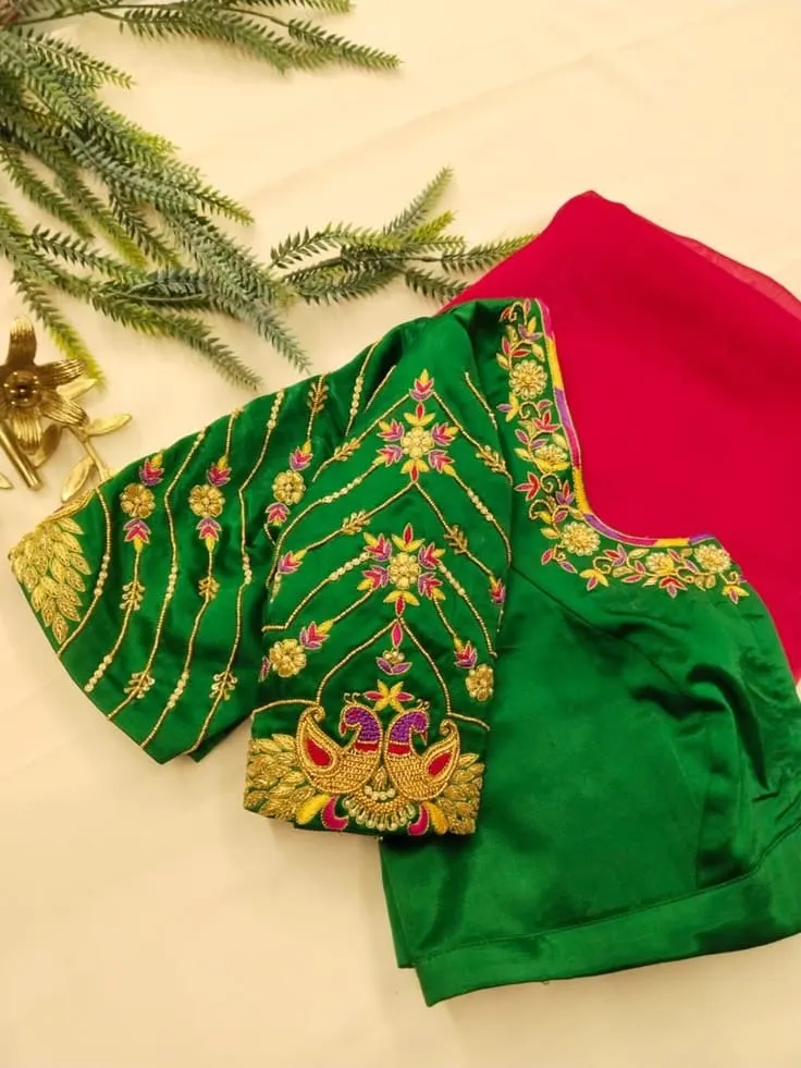 Bridal Green Raw Silk Blouse with Gold Zardosi & Peacock Motif Embroidery | Readymade / Custom Stitched Saree Blouse