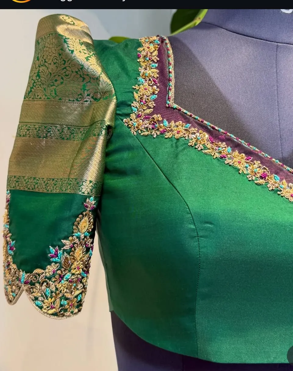 Bridal Green Silk Readymade Blouse | Heavy Handcrafted Zardosi Border & Sheer Purple Patchwork for Pattu Sarees