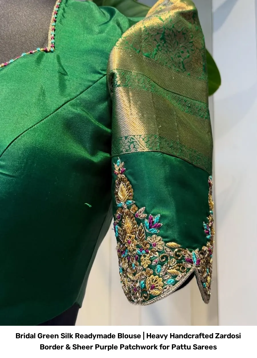 Bridal Green Silk Readymade Blouse | Heavy Handcrafted Zardosi Border & Sheer Purple Patchwork for Pattu Sarees 2