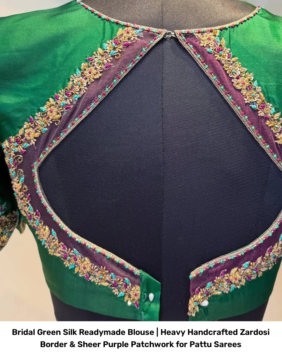 Bridal Green Silk Readymade Blouse | Heavy Handcrafted Zardosi Border & Sheer Purple Patchwork for Pattu Sarees 3
