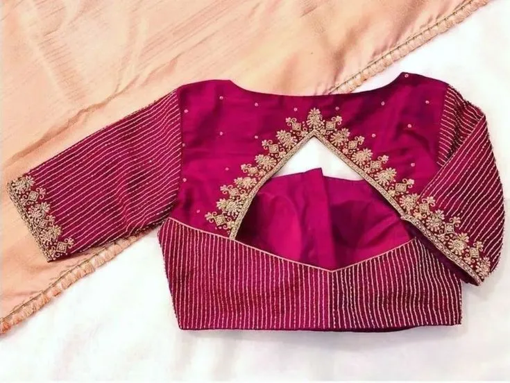 Bridal Hot Pink Silk Readymade Blouse | Heavy Back Neck Floral Embroidery & Fine Line Sleeve Handwork 1