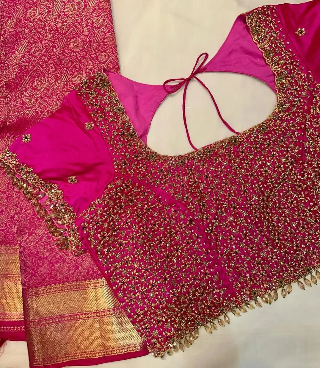 Bridal Hot Pink Silk Saree Blouse | Heavy Gold Zardosi Jaal Work Blouse with Crystal Bead Tassels