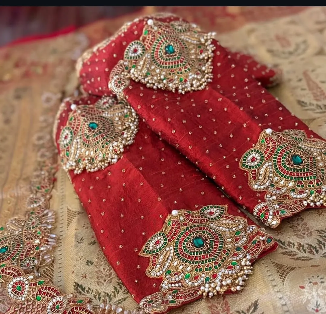Bridal Maroon Raw Silk Blouse | Heavy Maggam Work with Kundan, Emerald Stones & Pearl Hangings