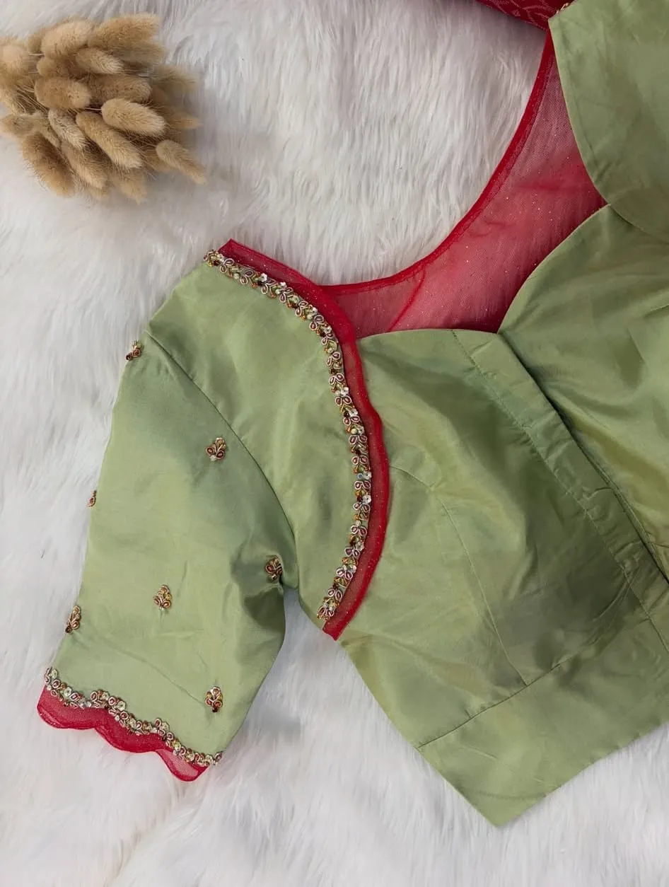 Bridal Mint Green Readymade Silk Blouse | Delicate Scallop Border & Red Sheer Net Work for Silk Sarees