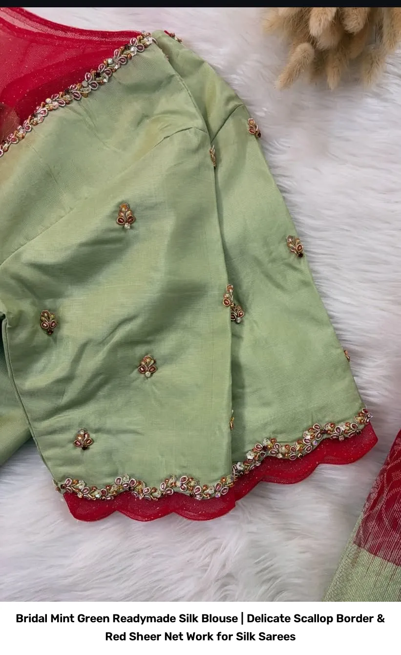 Bridal Mint Green Readymade Silk Blouse | Delicate Scallop Border & Red Sheer Net Work for Silk Sarees 2