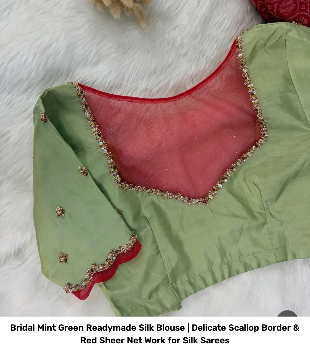 Bridal Mint Green Readymade Silk Blouse | Delicate Scallop Border & Red Sheer Net Work for Silk Sarees 3