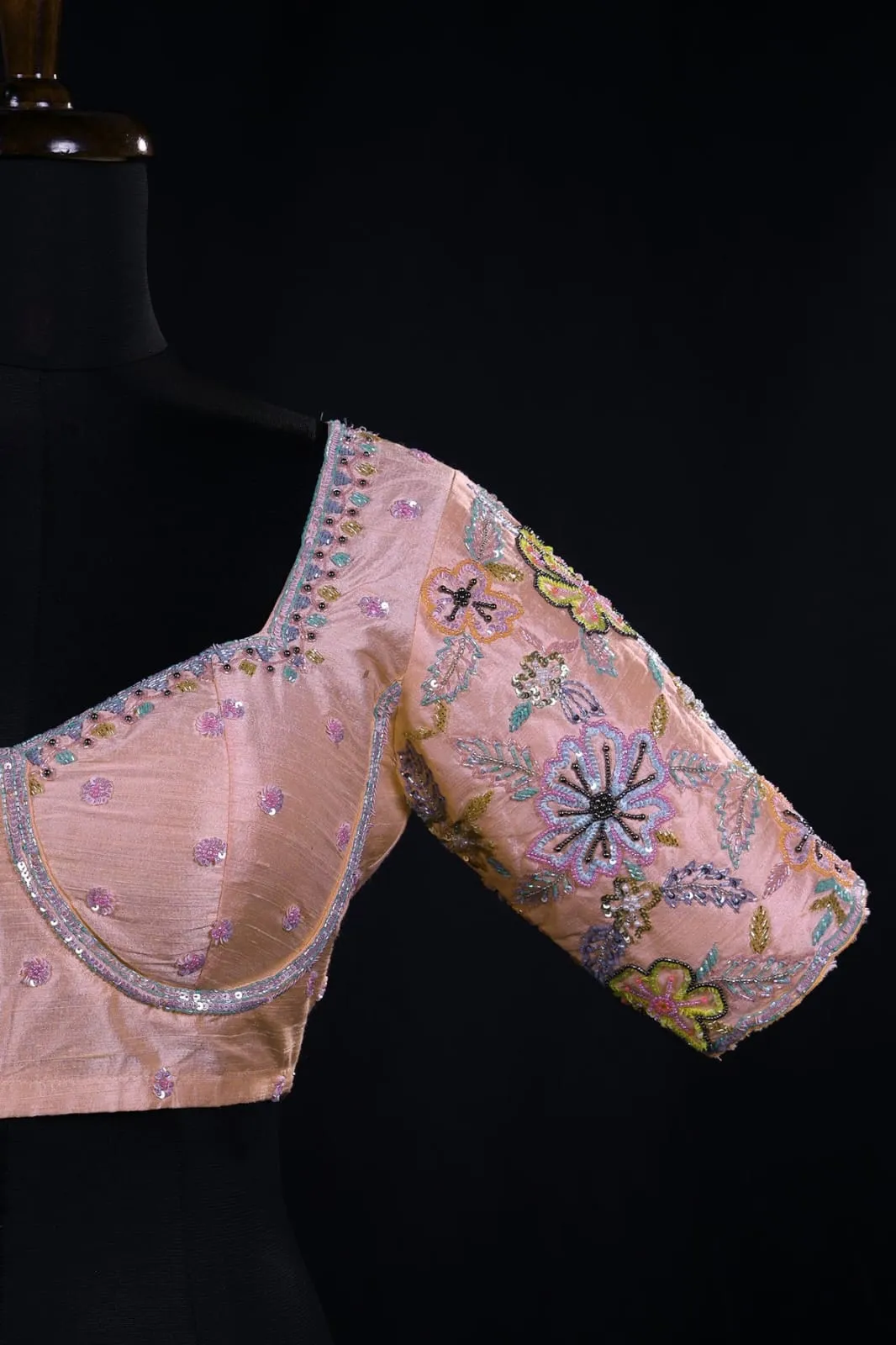 Bridal Pastel Peach Silk Readymade Blouse | Padded Corset Neck & Heavy Floral Aari Work for Lehengas & Sarees