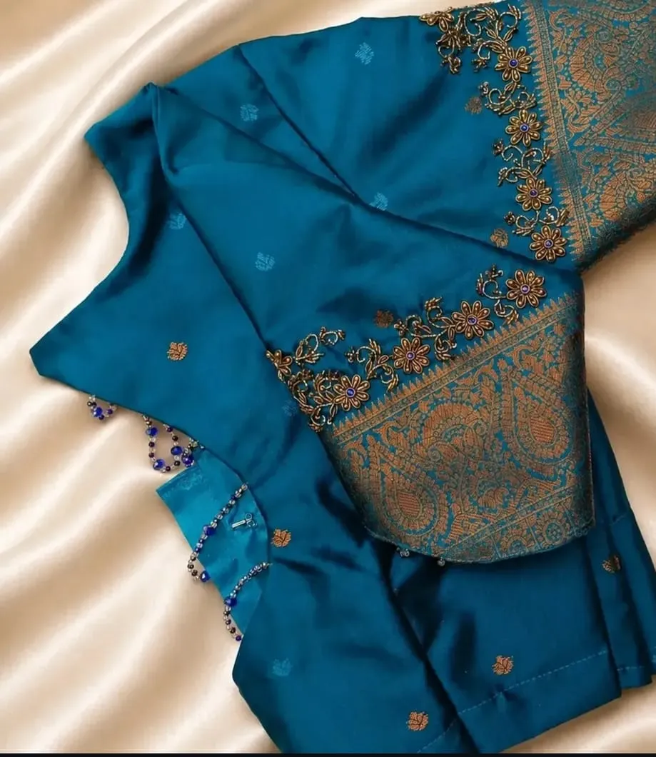 Bridal Peacock Blue Brocade Blouse | Hand-Embroidered Zari Border & Fancy Back Neck Design for Sarees