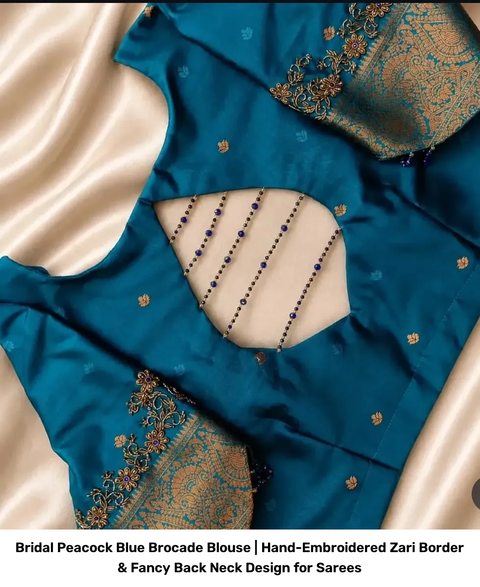 Bridal Peacock Blue Brocade Blouse | Hand-Embroidered Zari Border & Fancy Back Neck Design for Sarees 2