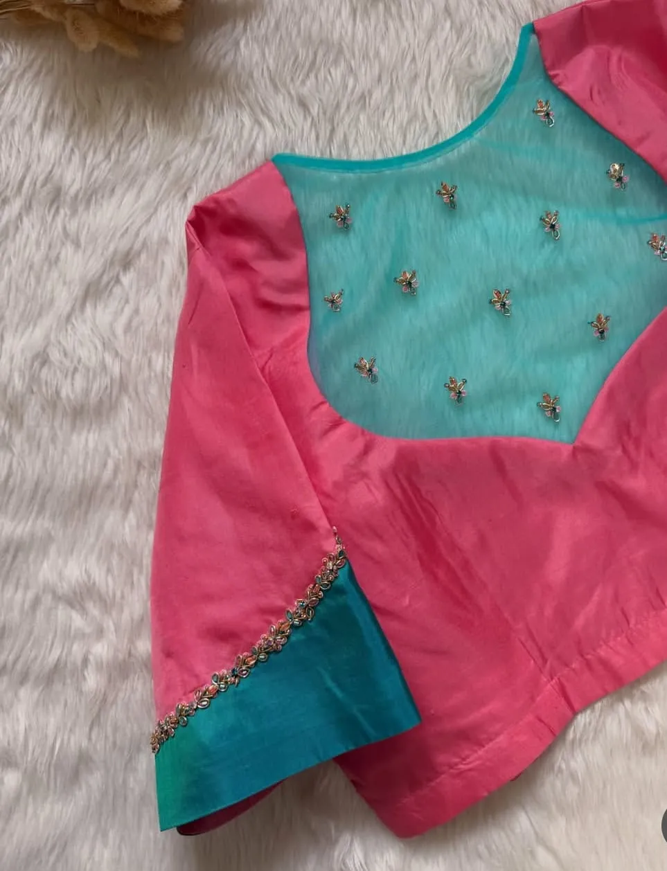 Bridal Pink Readymade Silk Blouse | Handcrafted Beadwork on Sky Blue Net Back for Pattu & Fancy Sarees