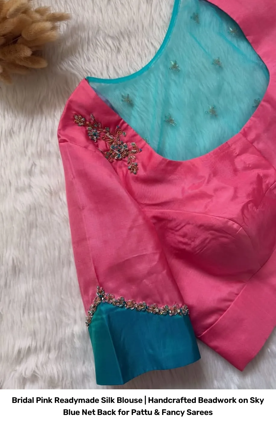 Bridal Pink Readymade Silk Blouse | Handcrafted Beadwork on Sky Blue Net Back for Pattu & Fancy Sarees 2