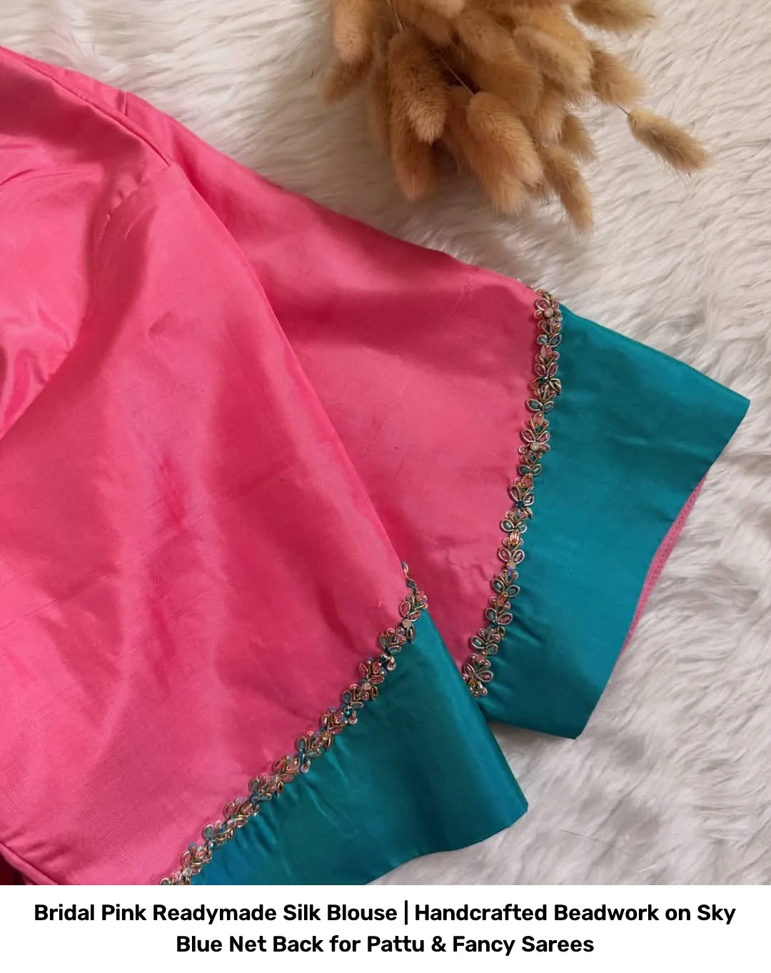 Bridal Pink Readymade Silk Blouse | Handcrafted Beadwork on Sky Blue Net Back for Pattu & Fancy Sarees 3