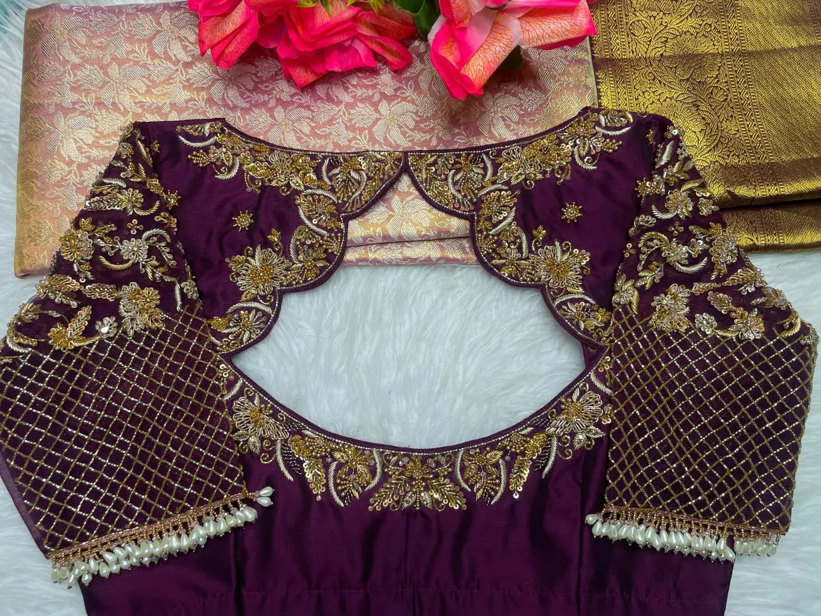 Bridal Plum Purple Silk Readymade Blouse | Scalloped Back Neck & Hanging Pearl Bead Handwork for Pattu Sarees