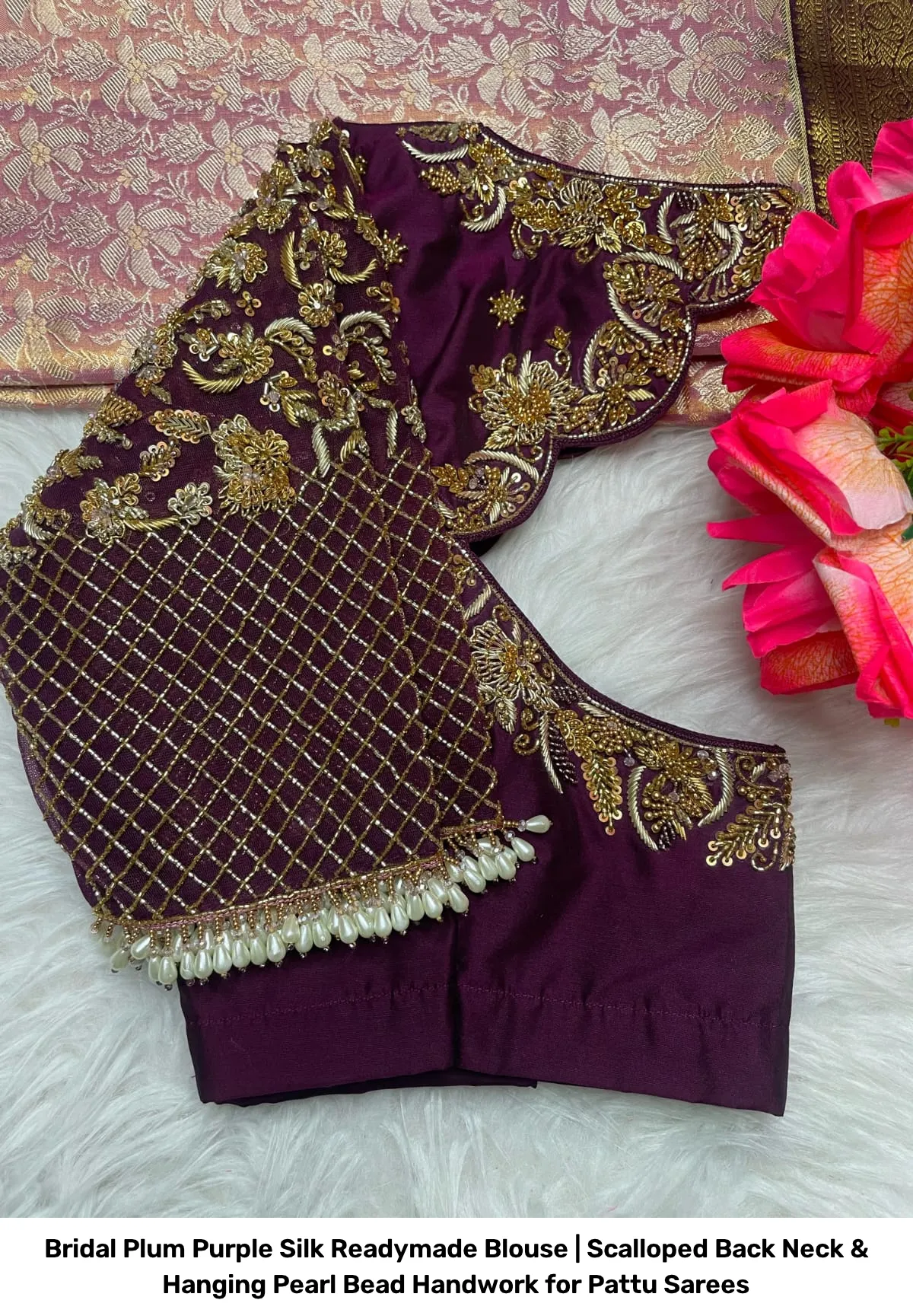 Bridal Plum Purple Silk Readymade Blouse | Scalloped Back Neck & Hanging Pearl Bead Handwork for Pattu Sarees 2