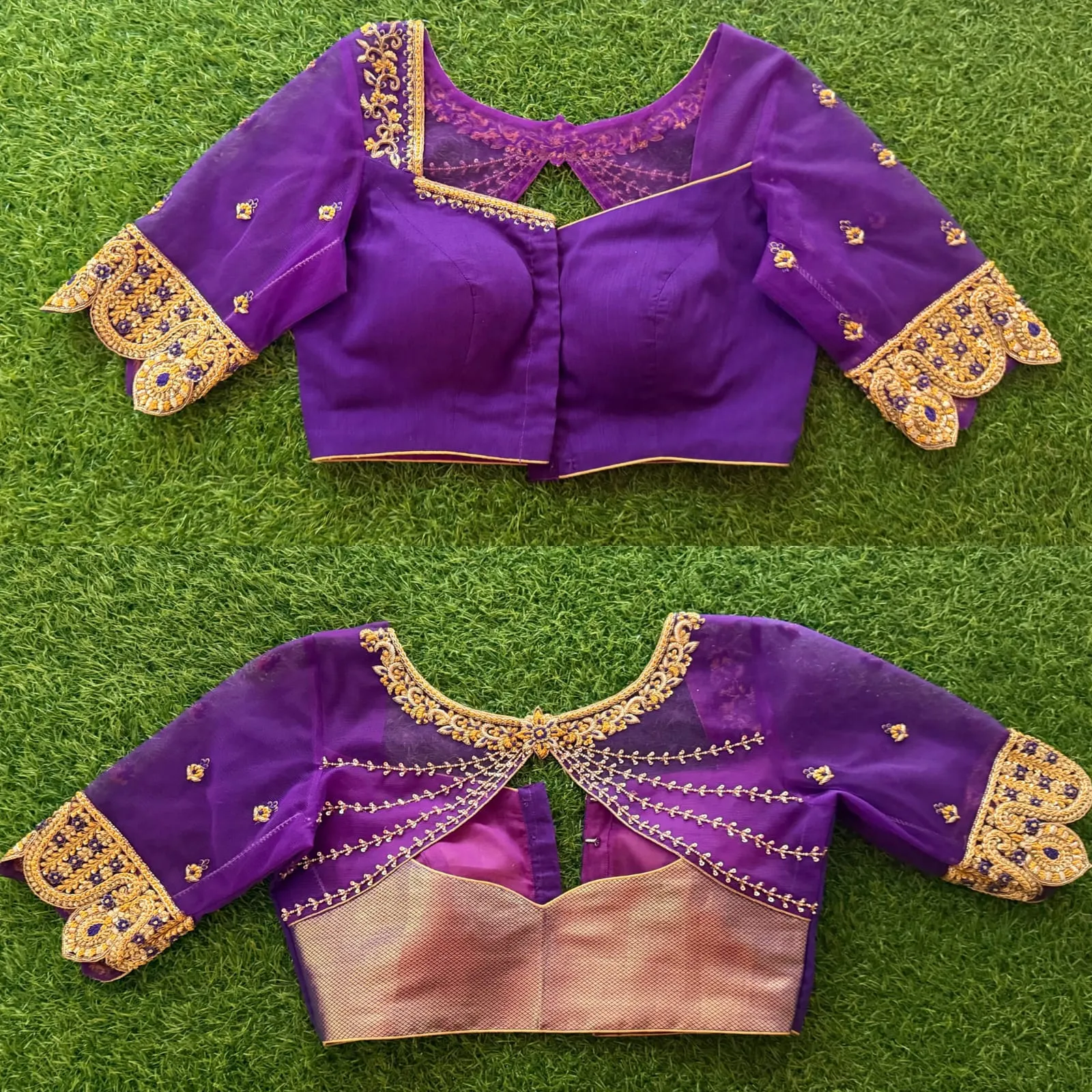 Bridal Purple Maggam Work Saree Blouse – Heavy Gold Zari Scallop Sleeves with Sheer Back Detailing