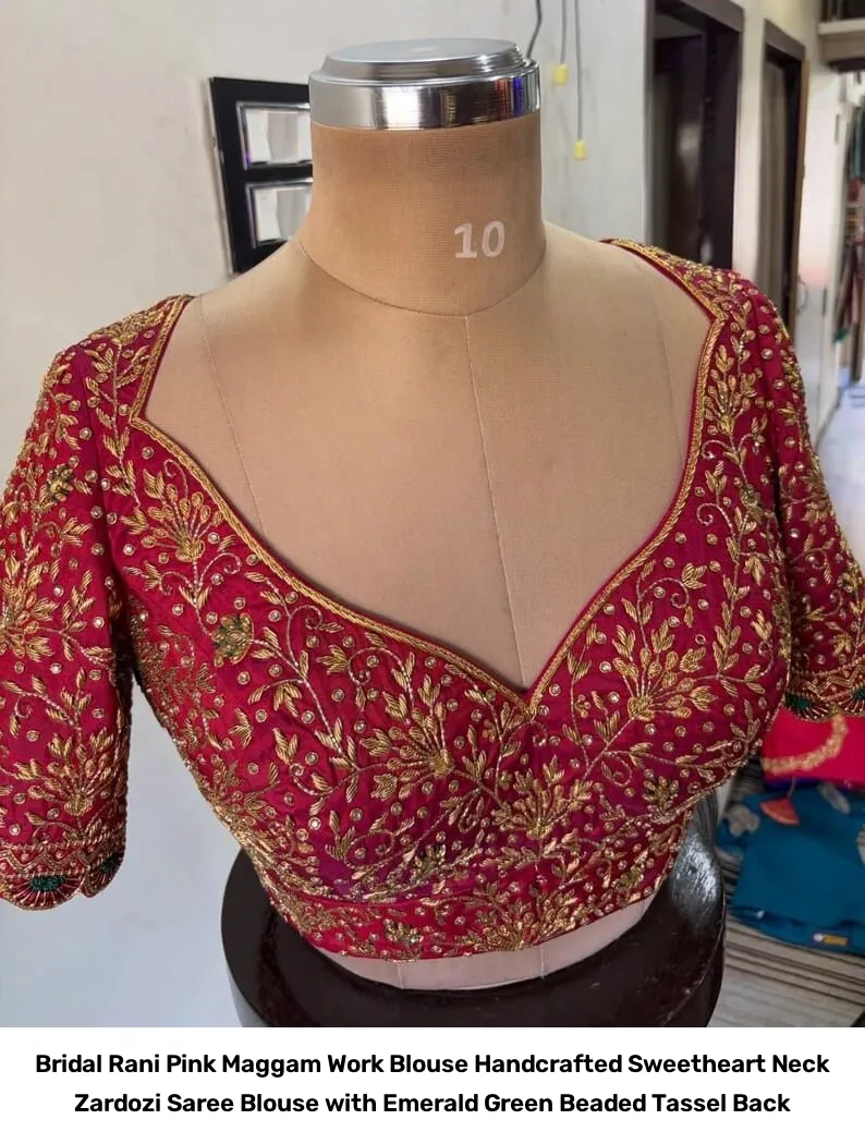 Bridal Rani Pink Maggam Work Blouse – Handcrafted Sweetheart Neck Zardozi Saree Blouse with Emerald Green Beaded Tassel Back 2