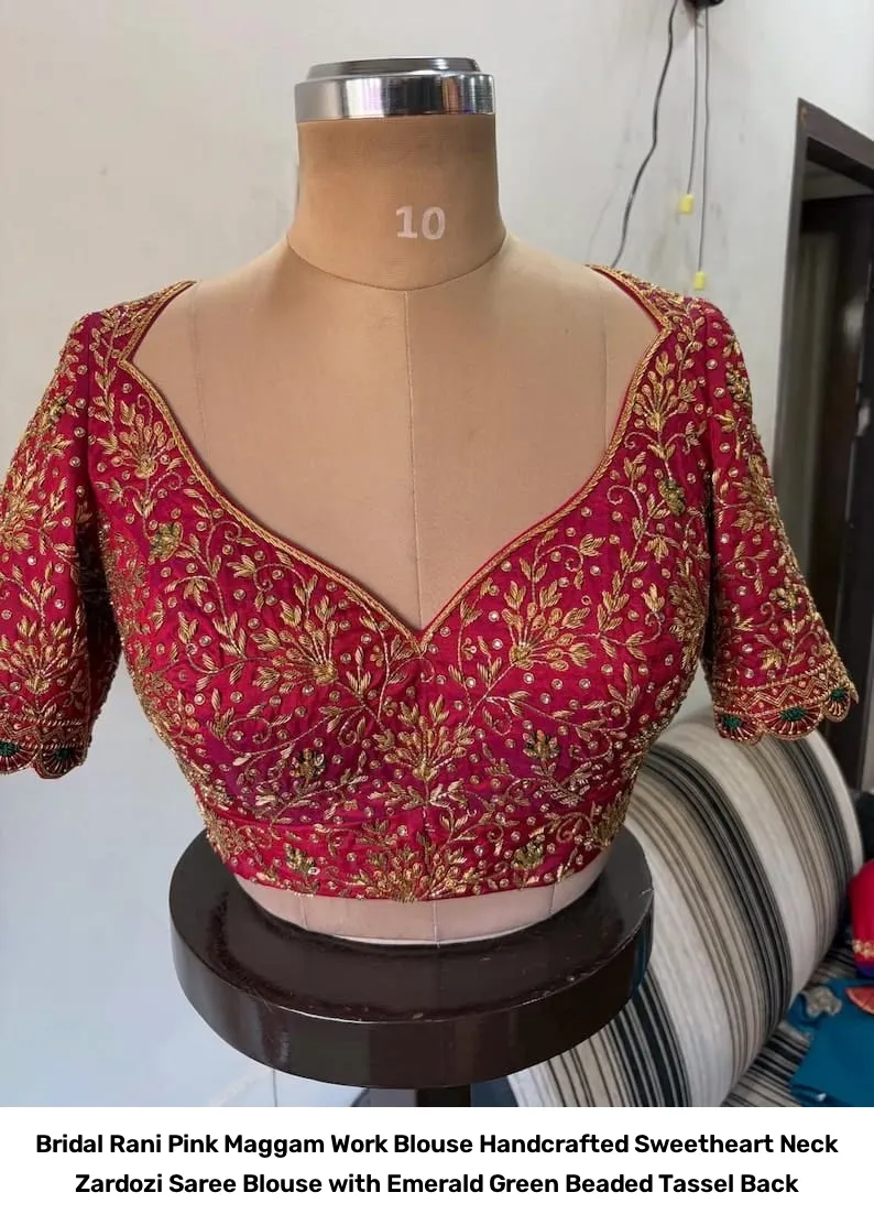 Bridal Rani Pink Maggam Work Blouse – Handcrafted Sweetheart Neck Zardozi Saree Blouse with Emerald Green Beaded Tassel Back 3