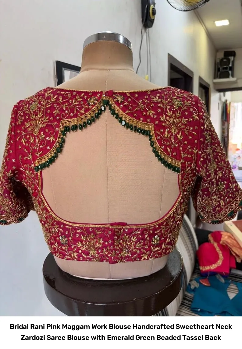 Bridal Rani Pink Maggam Work Blouse – Handcrafted Sweetheart Neck Zardozi Saree Blouse with Emerald Green Beaded Tassel Back 4