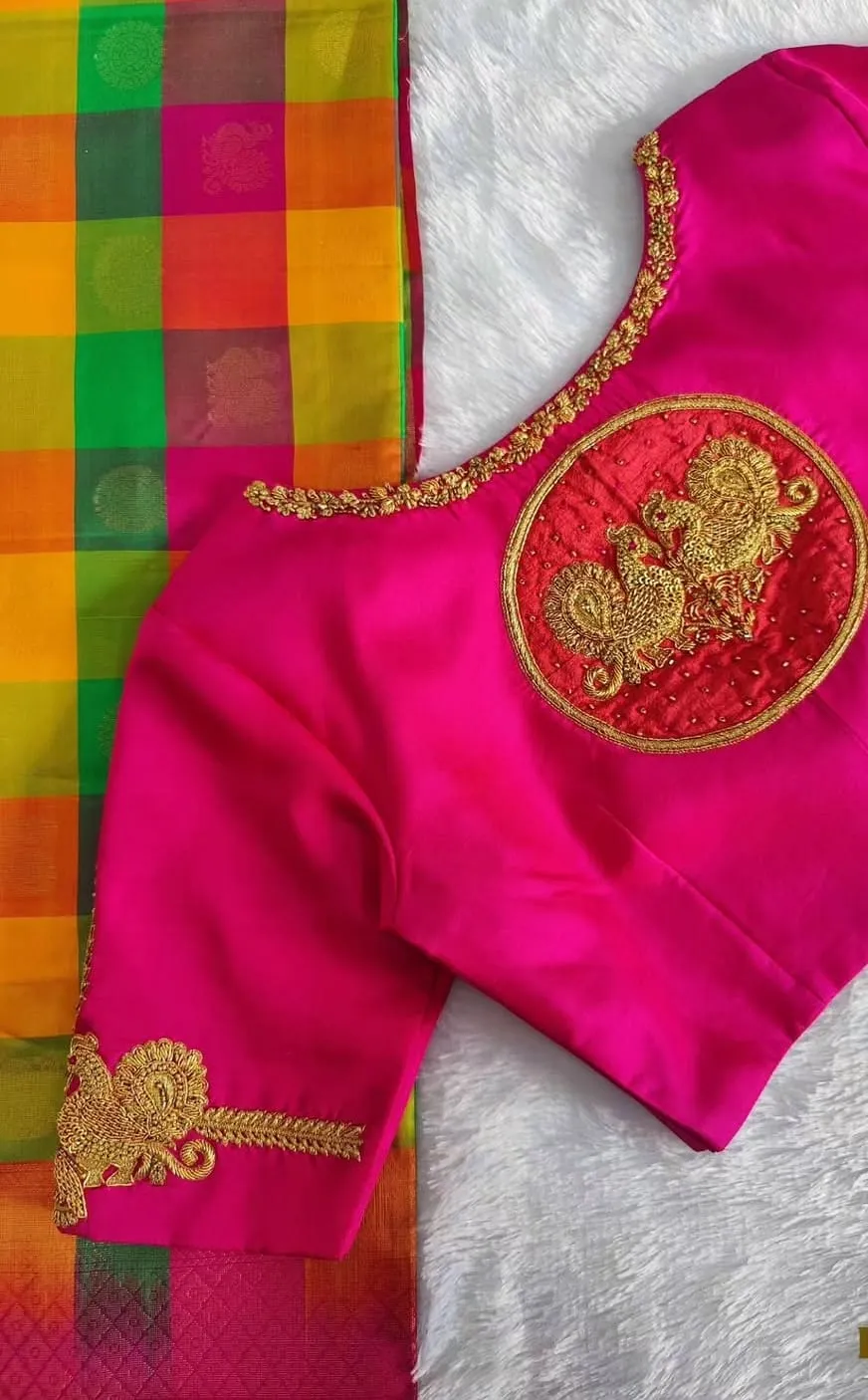 Bridal Rani Pink Raw Silk Blouse with Heavy Gold Zari Peacock Work - Stitched Designer Saree Blouse 1