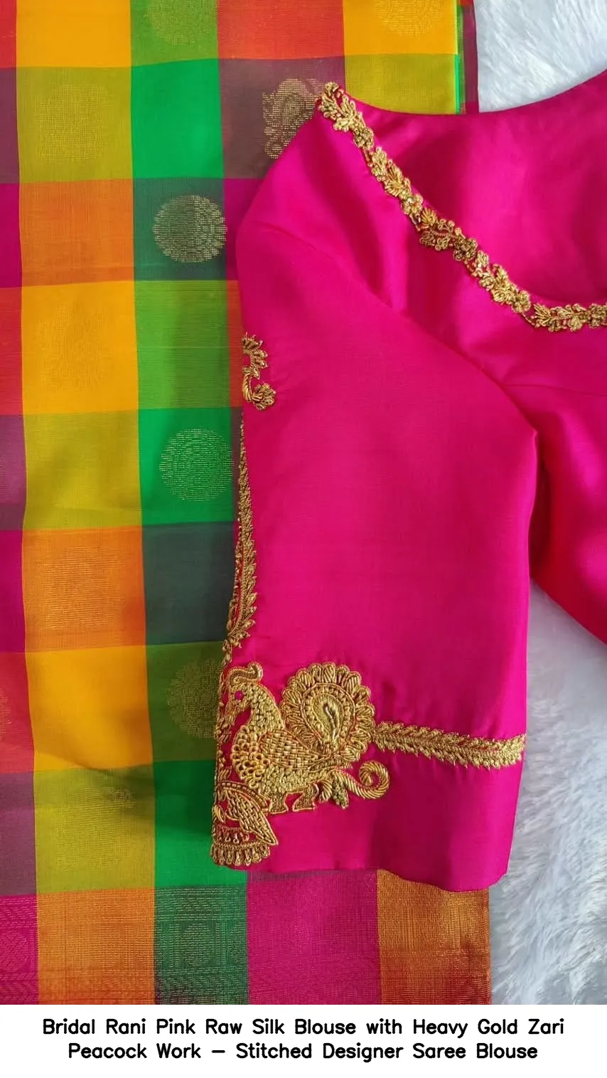 Bridal Rani Pink Raw Silk Blouse with Heavy Gold Zari Peacock Work - Stitched Designer Saree Blouse 3