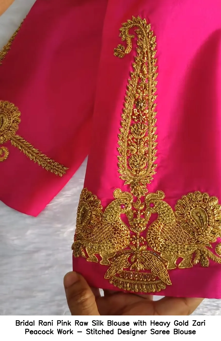 Bridal Rani Pink Raw Silk Blouse with Heavy Gold Zari Peacock Work - Stitched Designer Saree Blouse 4