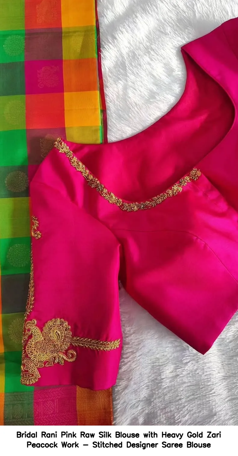 Bridal Rani Pink Raw Silk Blouse with Heavy Gold Zari Peacock Work - Stitched Designer Saree Blouse 5