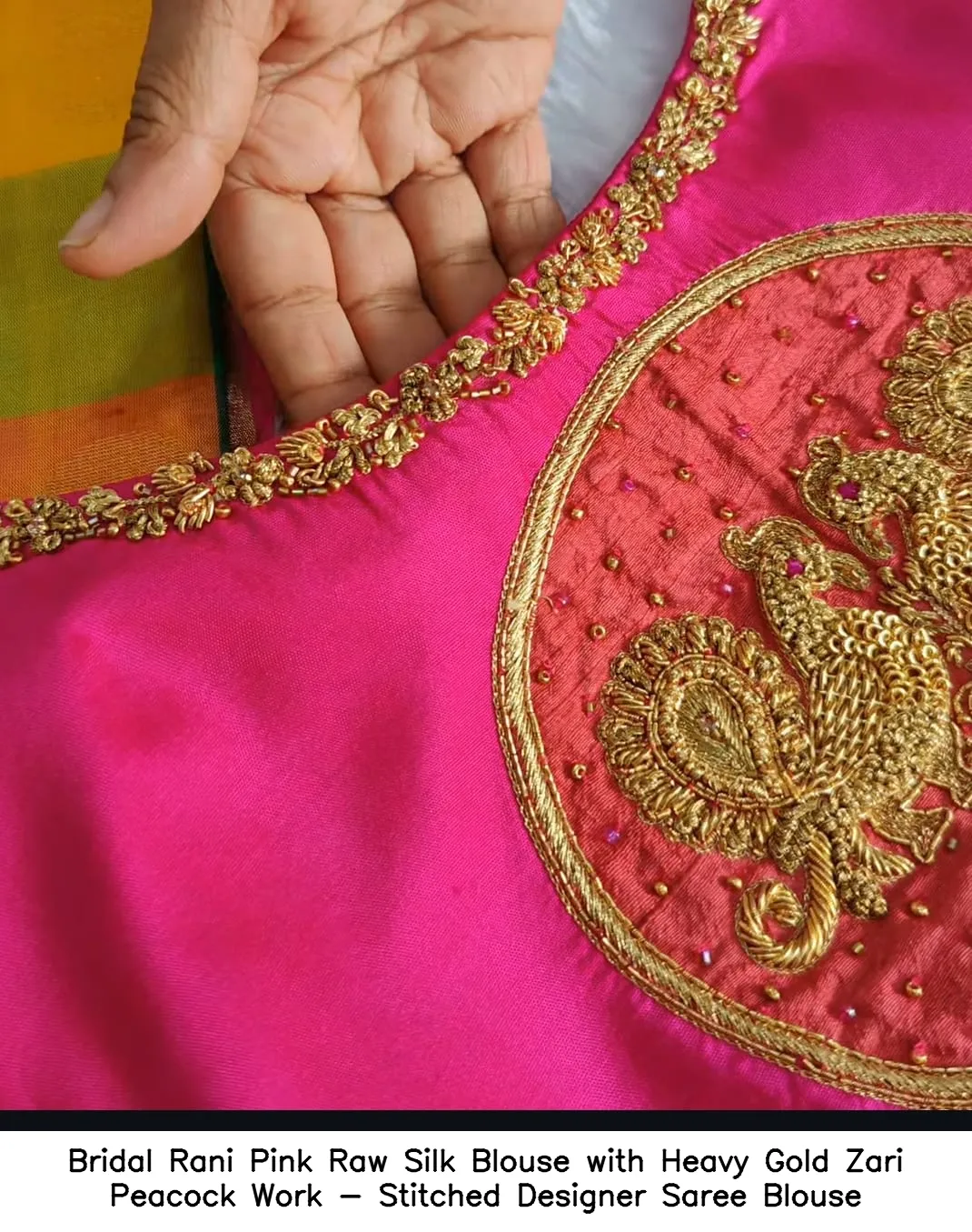 Bridal Rani Pink Raw Silk Blouse with Heavy Gold Zari Peacock Work - Stitched Designer Saree Blouse 6