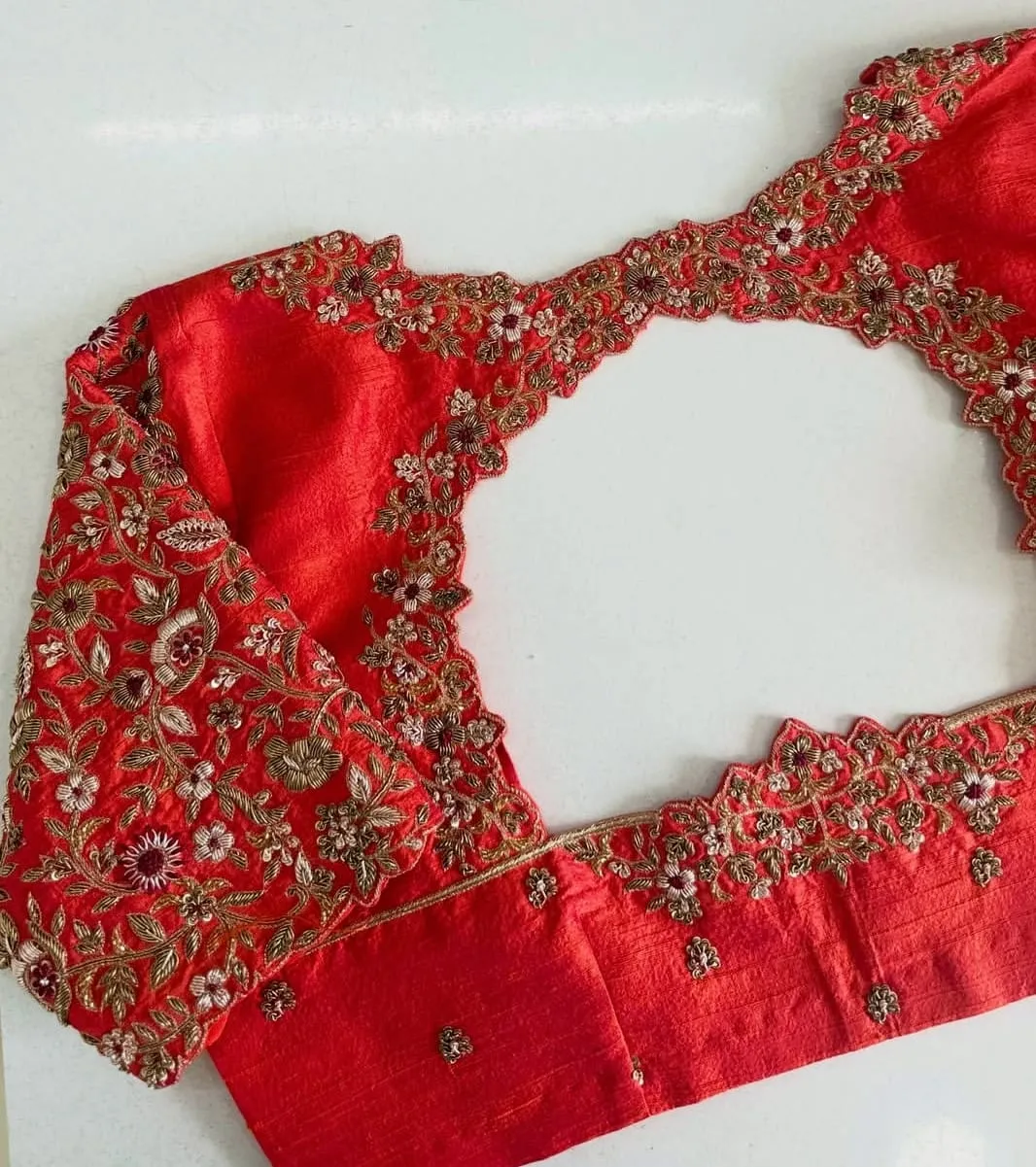 Bridal Red Hand Embroidered Silk Blouse | Intricate Floral Vine Aari Work Sleeves