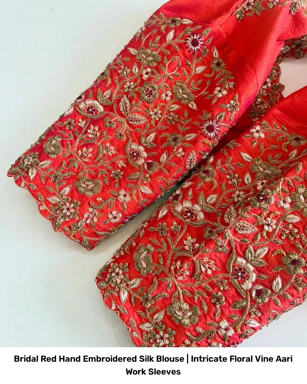 Bridal Red Hand Embroidered Silk Blouse | Intricate Floral Vine Aari Work Sleeves 2