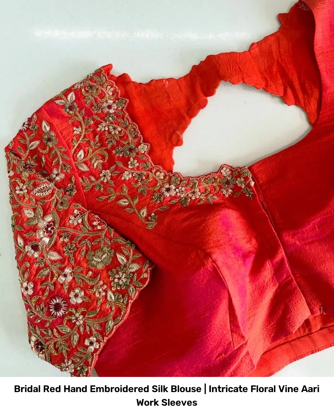 Bridal Red Hand Embroidered Silk Blouse | Intricate Floral Vine Aari Work Sleeves 3