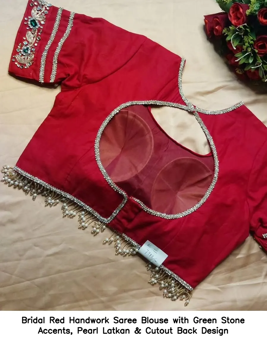 Bridal Red Handwork Saree Blouse with Green Stone Accents, Pearl Latkan & Cutout Back Design 2