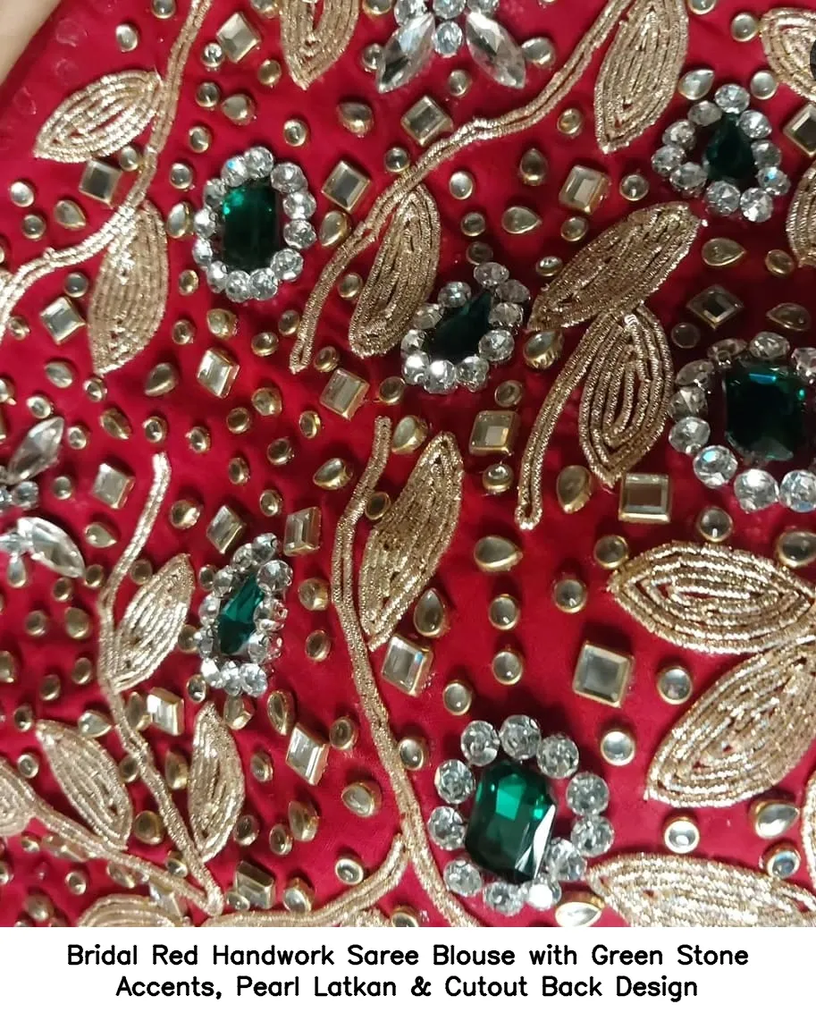 Bridal Red Handwork Saree Blouse with Green Stone Accents, Pearl Latkan & Cutout Back Design 3