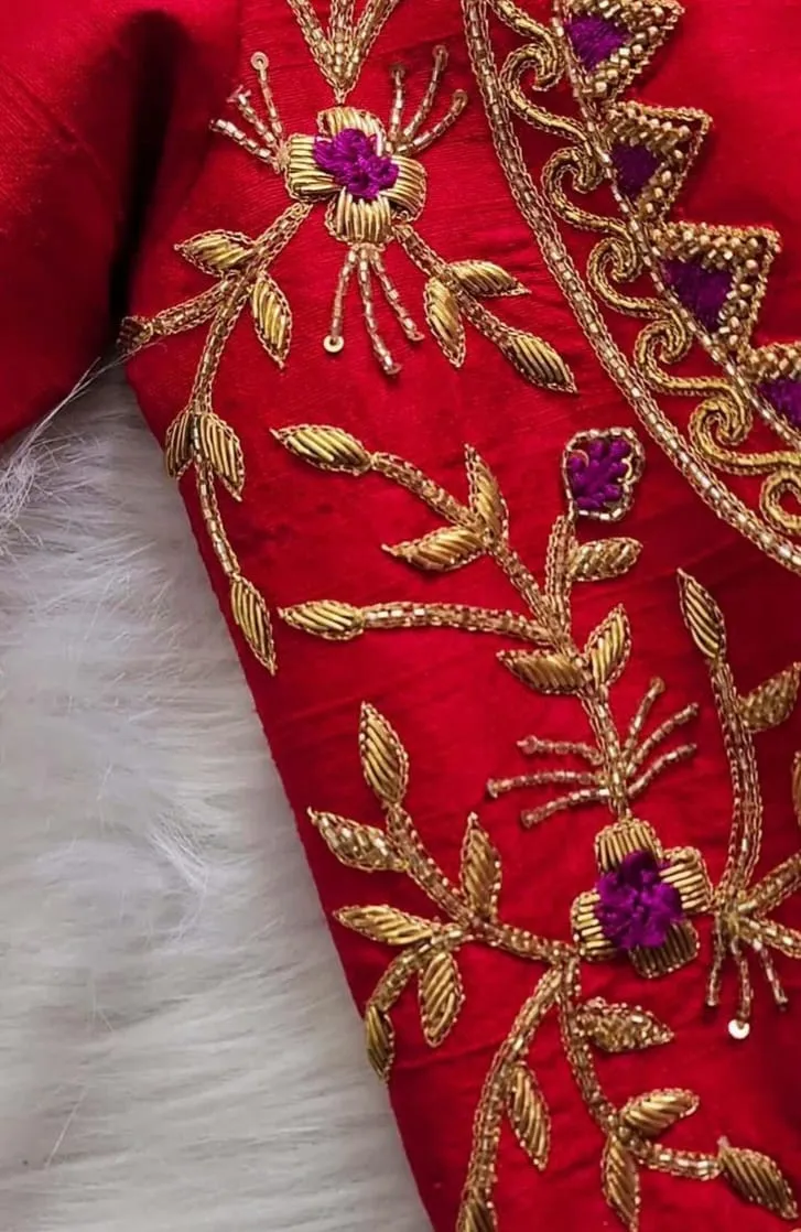 Bridal Red Raw Silk Aari Work Blouse | Heavy Gold Zardosi Geometric Neck & Potli Button Wedding Saree Blouse 1