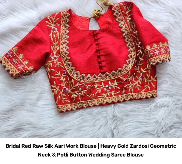 Bridal Red Raw Silk Aari Work Blouse | Heavy Gold Zardosi Geometric Neck & Potli Button Wedding Saree Blouse 2