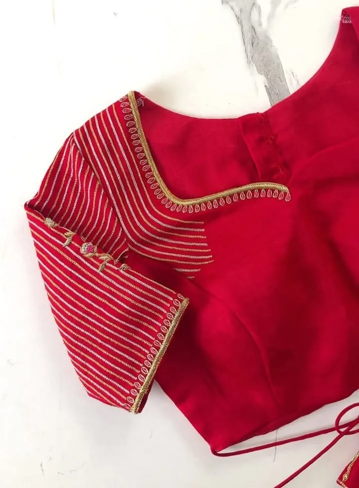 Bridal Red Silk Aari Work Blouse | Asymmetrical Neckline & Striped Zari Hand Embroidered Saree Blouse