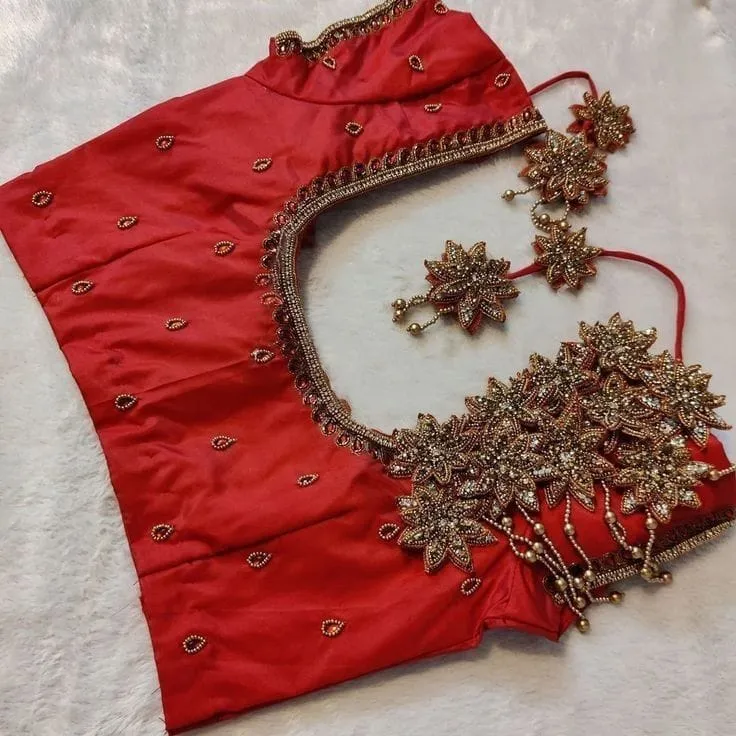 Bridal Red Silk Blouse with 3D Floral Zardozi Work | Designer Handcrafted Maggam Blouse with Tassels
